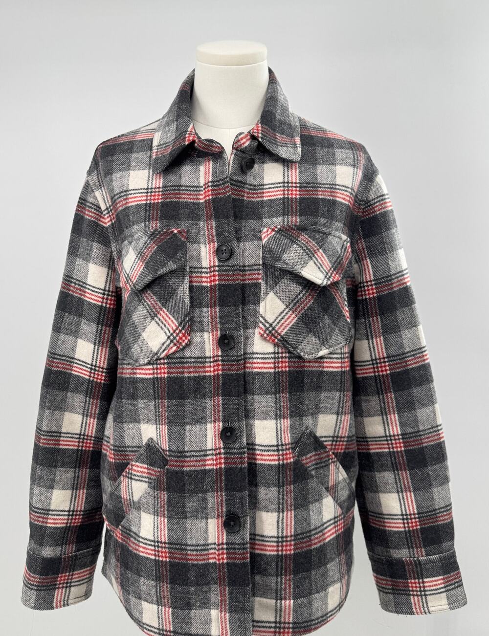 Reformation Woodside Wool Plaid Jacket Black White Red Check Shacket S